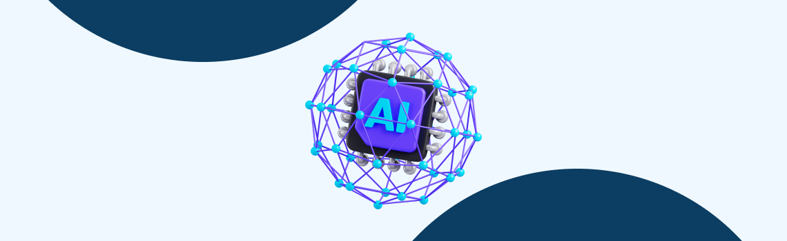 Ilustração 3D de um chip com a sigla AI cercado por uma rede digital, representando a carreira de profissional de IA em Anápolis.