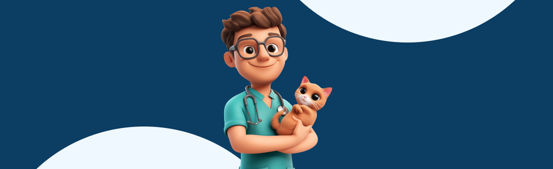 Ilustração de um veterinário sorridente com estetoscópio segurando um gato no colo, representando a rotina de um veterinário com pets.