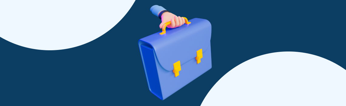 Ilustração 3D de uma mão segurando uma maleta azul, representando carreira, empregabilidade e conexão com o mercado de trabalho.