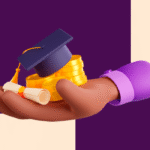 Ilustração 3D de uma mão segurando um capelo de formatura, moedas douradas e um diploma, representando o equilíbrio entre estudos, carreira e sucesso financeiro.